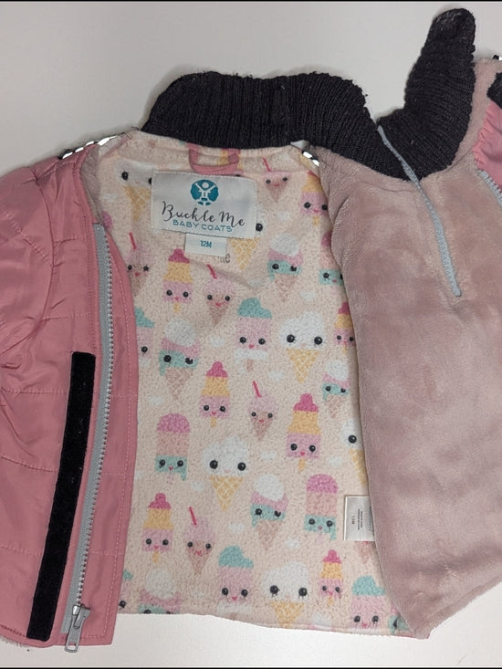 Buckle Me Baby Coats Car-Seat-Friendly Puffer Jacket in pink with black rib collar, size 12 Months, photo 6 of 8